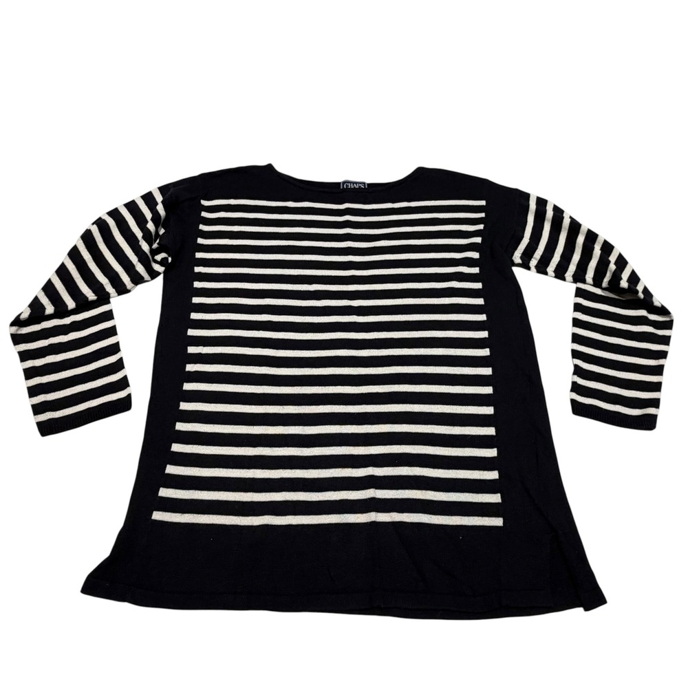 Chaps Womens Black White Striped Knit Pullover Top Round Neck 3/4 Sleeve L